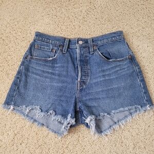 Levis 501 Original High Rise Denim Jean Shorts Salsa Mood Blue Buttonfly W27